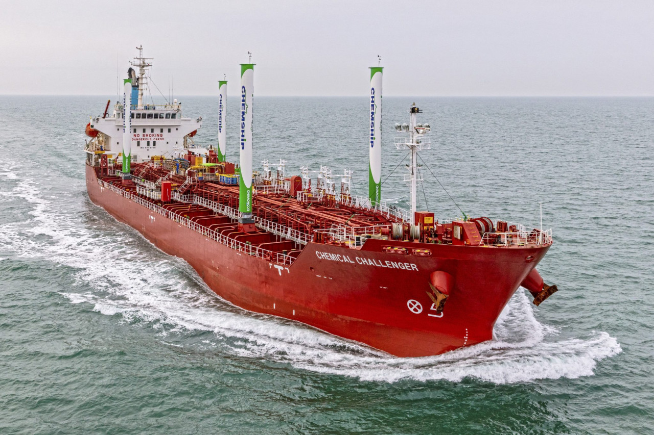 Chemical tanker sailing with four Flettner rotors for wind propulsion at sea