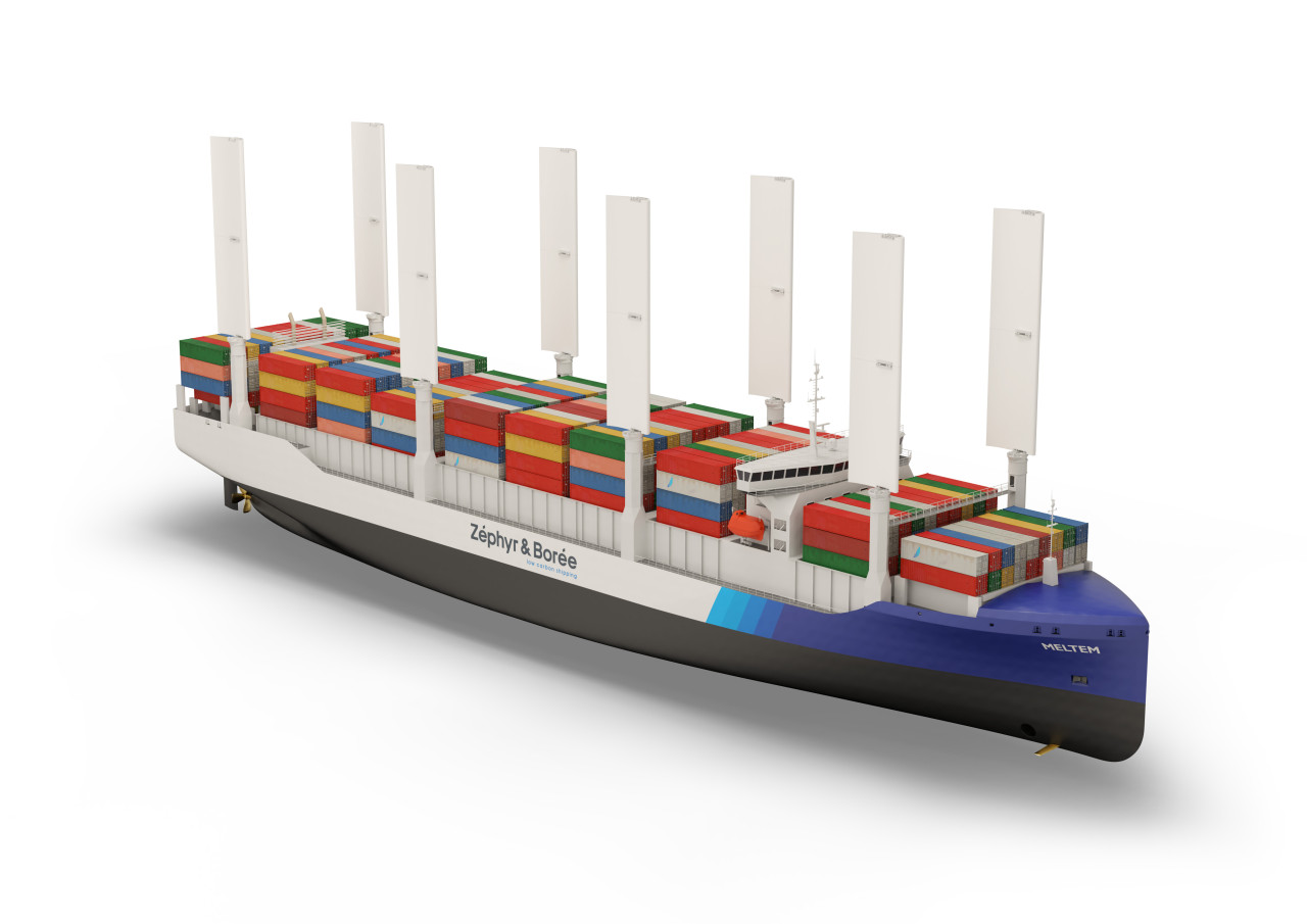 Render of container ship with seven vertical wingsails for wind propulsion