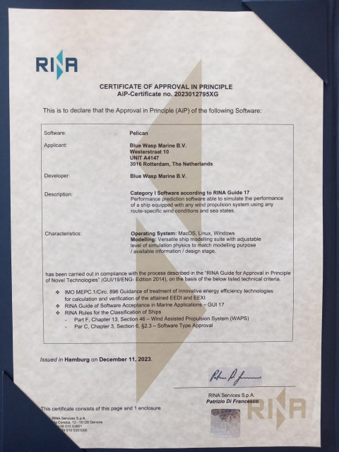 Certificate of Approval in Principle for Pelican wind propulsion software issued by RINA